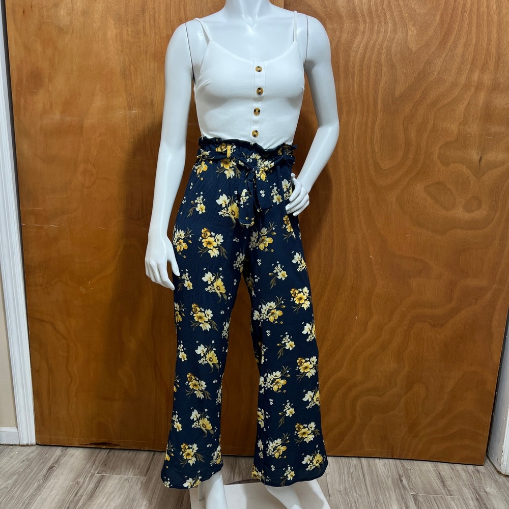 Jun & Ivy XS Floral Jumpsuit Navy White Sleeveless Wide Leg Belted